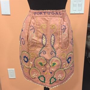 Vintage Embroidered Apron Portugal Peach Hippie Girlie Floral Handmade Home